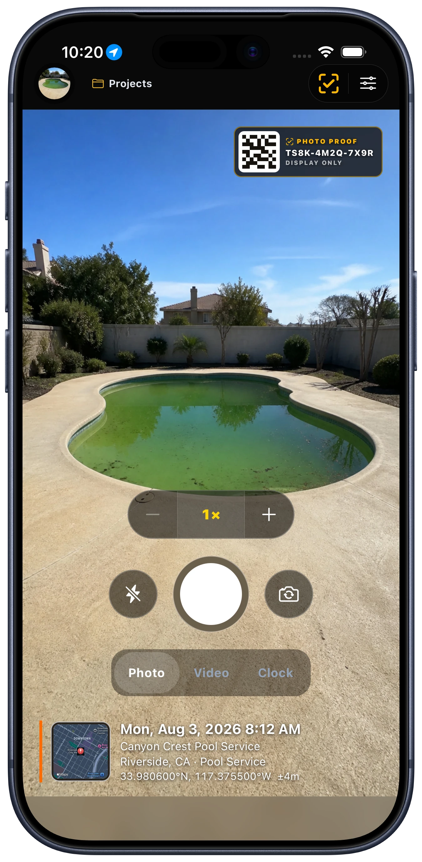 Timestamped GPS camera on an iPhone 17 Pro, ready to capture the cloudy pool before service