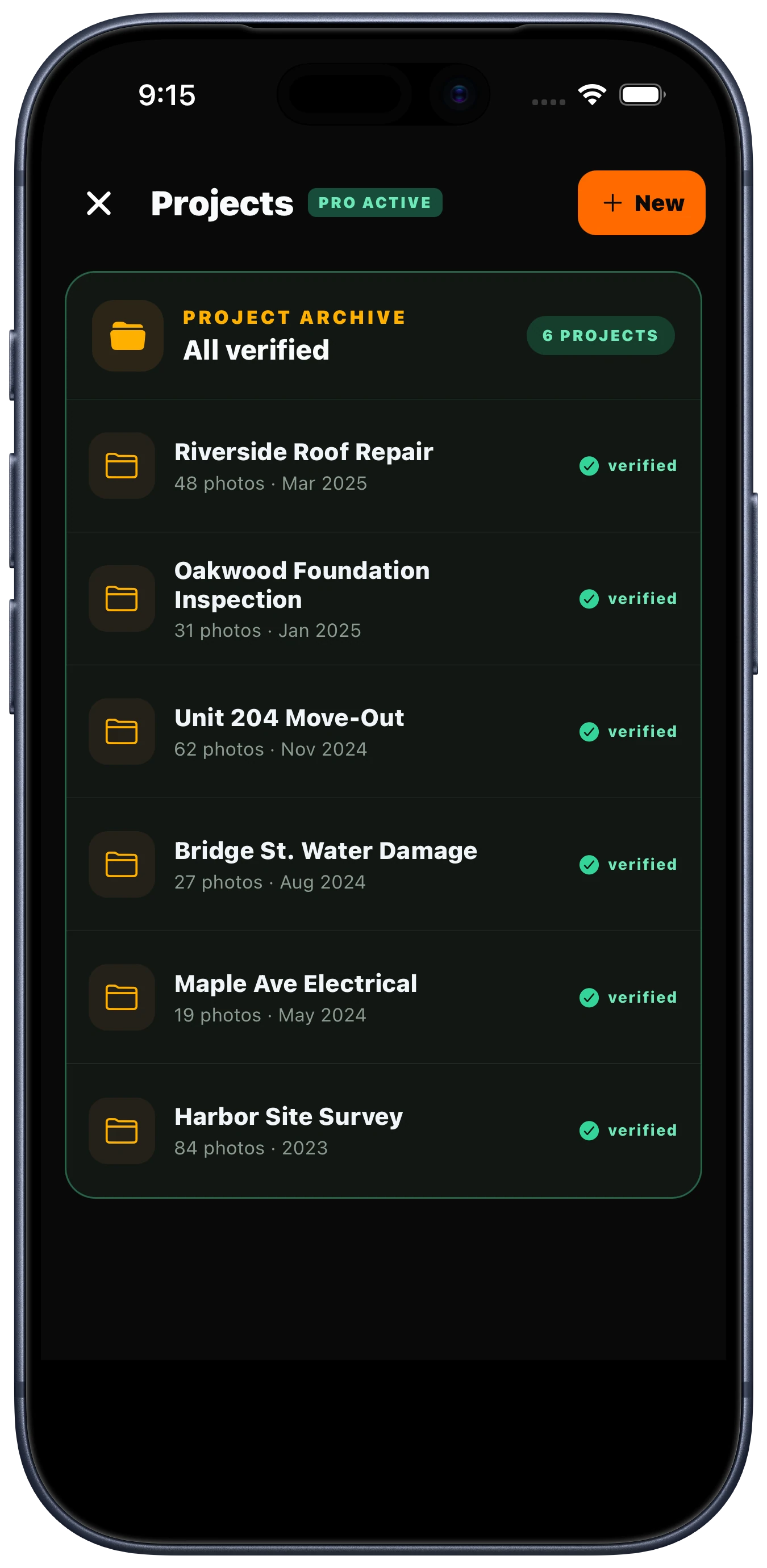 Timestamped GPS mobile app showing six verified projects on an iPhone 17 Pro